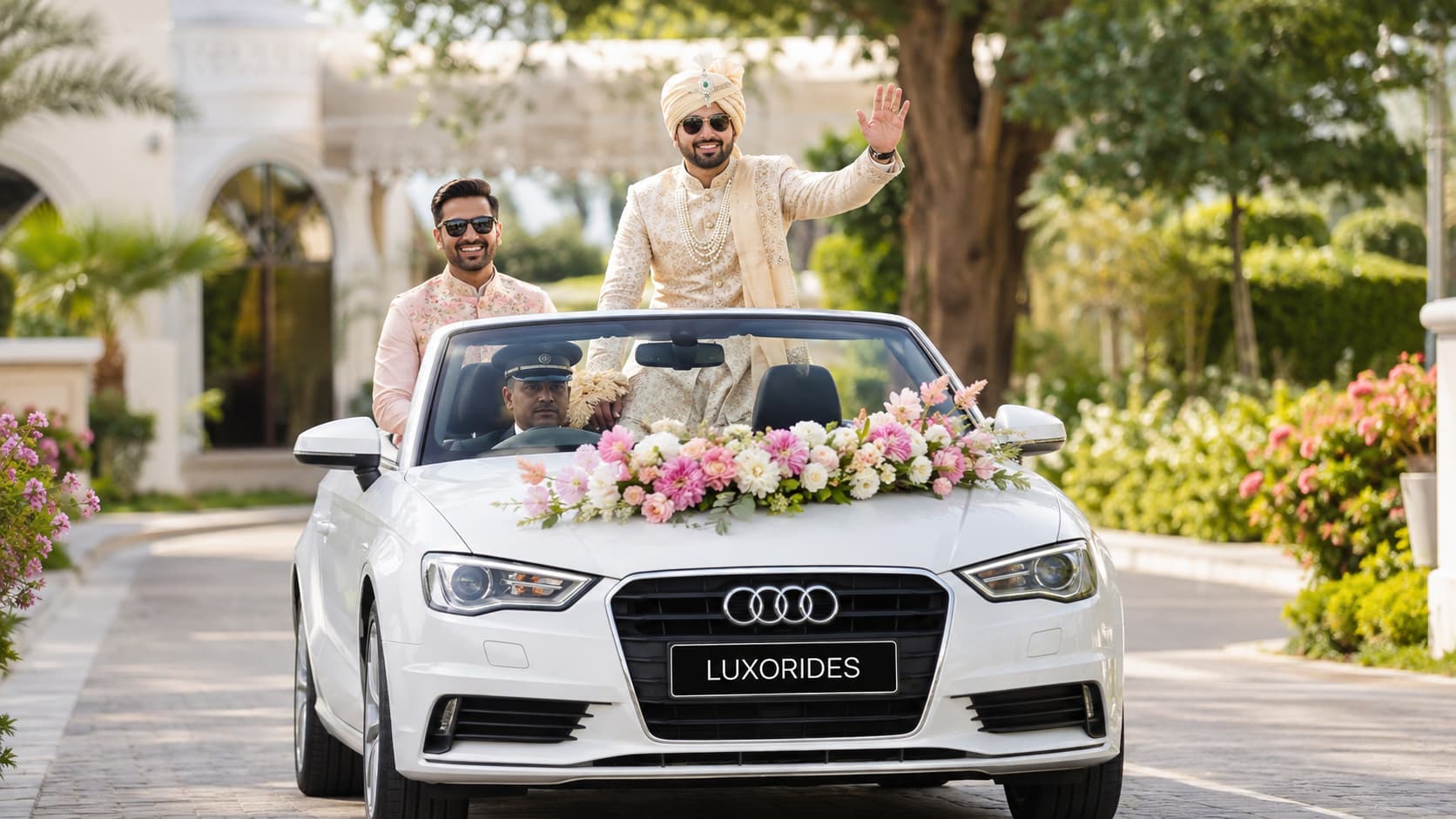 Indian groom celebrating his entrance in a flower-decorated white convertible