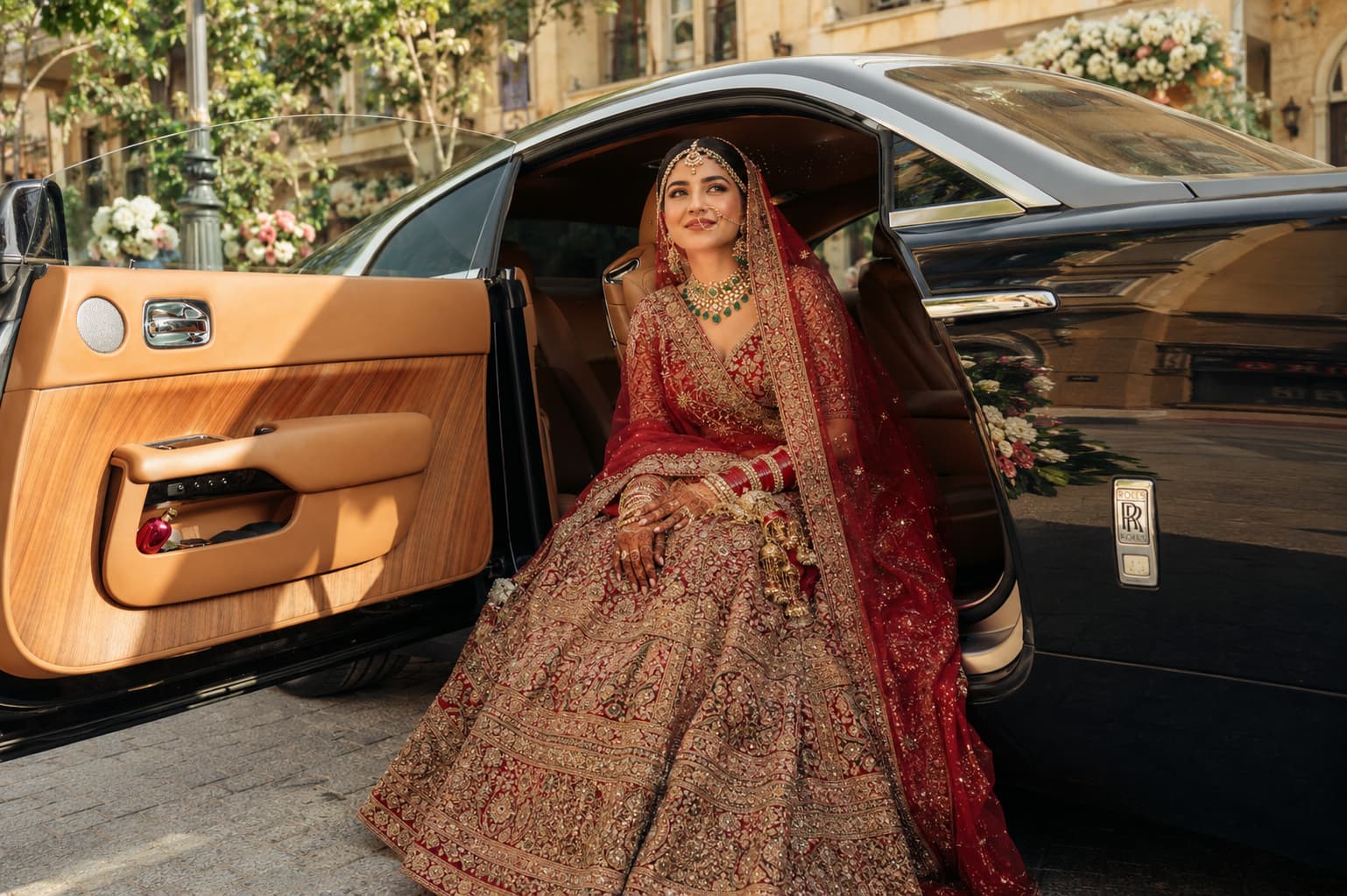 Indian bride stepping out of a black Rolls-Royce wedding car