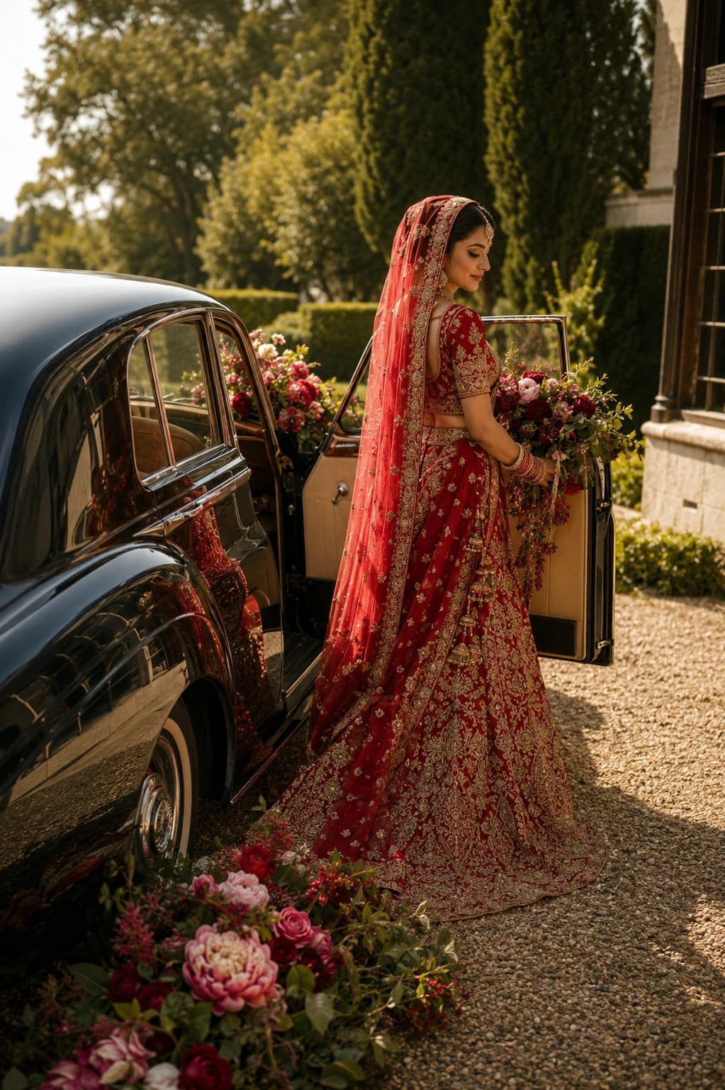 Indian bride standing beside a black ultra-luxury wedding car