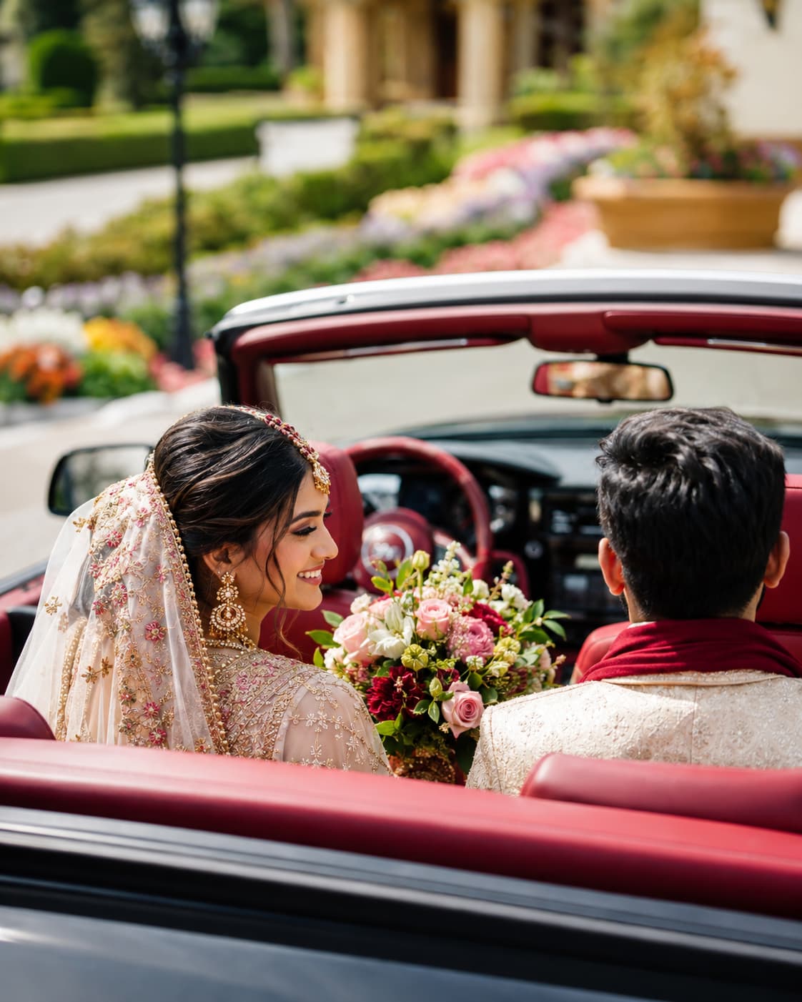 Indian bride and groom seated in a red-interior convertible wedding car