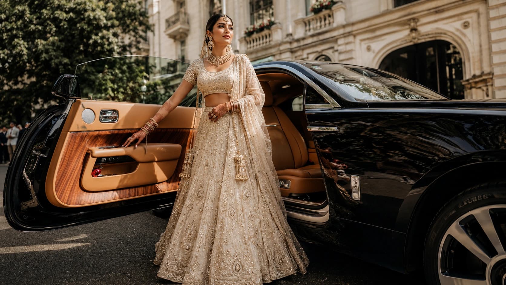 Indian bride standing beside an open black Rolls-Royce wedding car