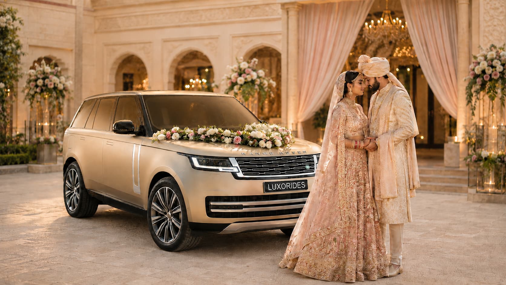 Indian bride and groom standing beside a decorated luxury SUV