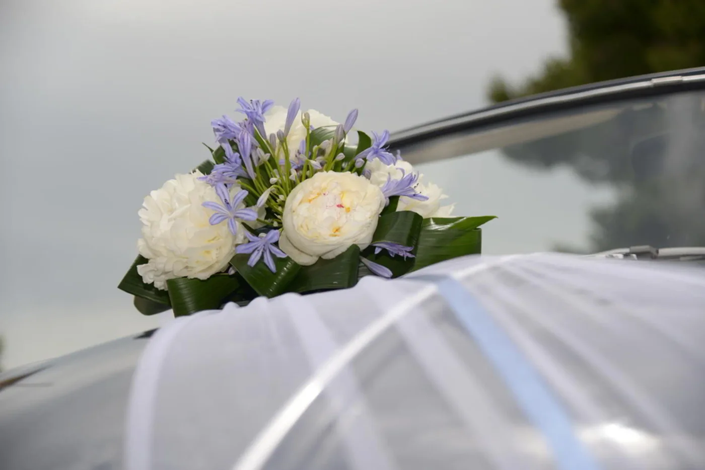 White car with lavender and ivory flowers over a tulle ribbon