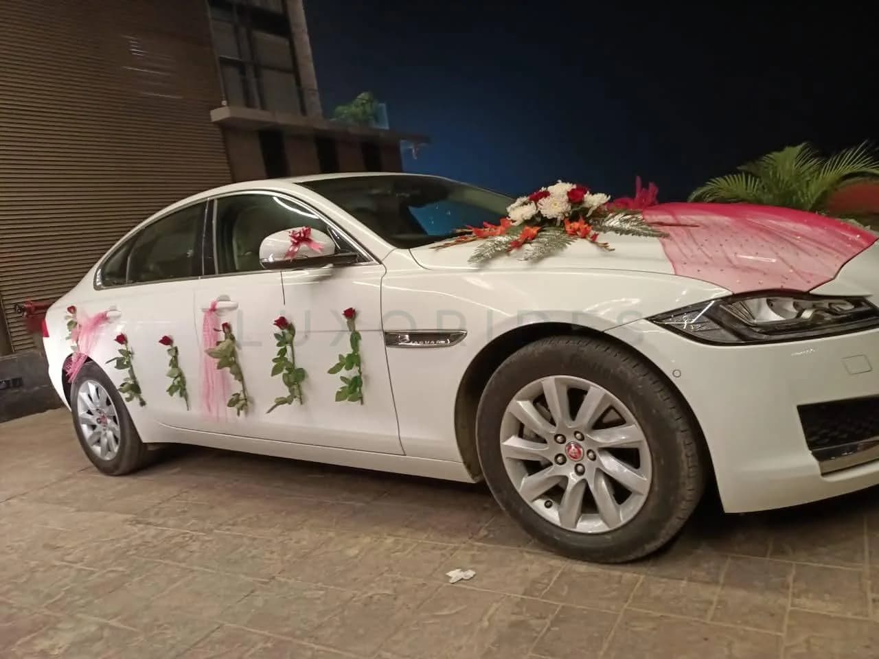 White Jaguar XF with pink ribbons and red roses outside a venue