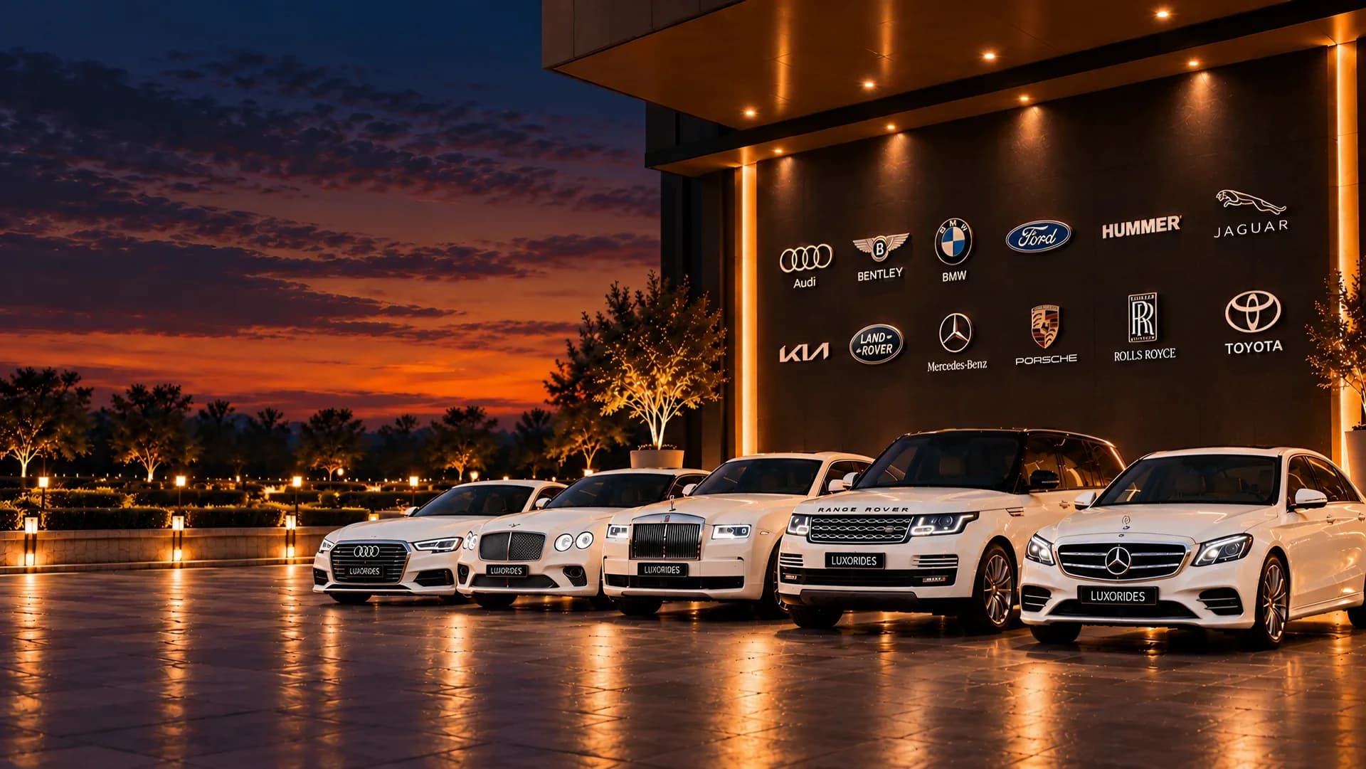 White luxury wedding cars beneath the brand logos at Luxorides