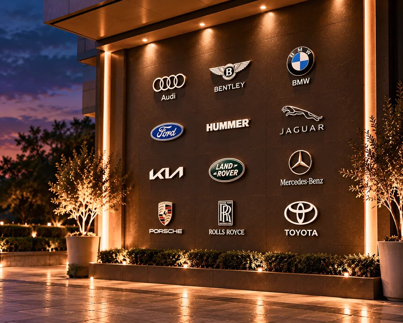 Display of Audi, Bentley, BMW, Ford, Hummer, Jaguar, Kia, Land Rover, Mercedes-Benz, Porsche, Rolls-Royce and Toyota logos