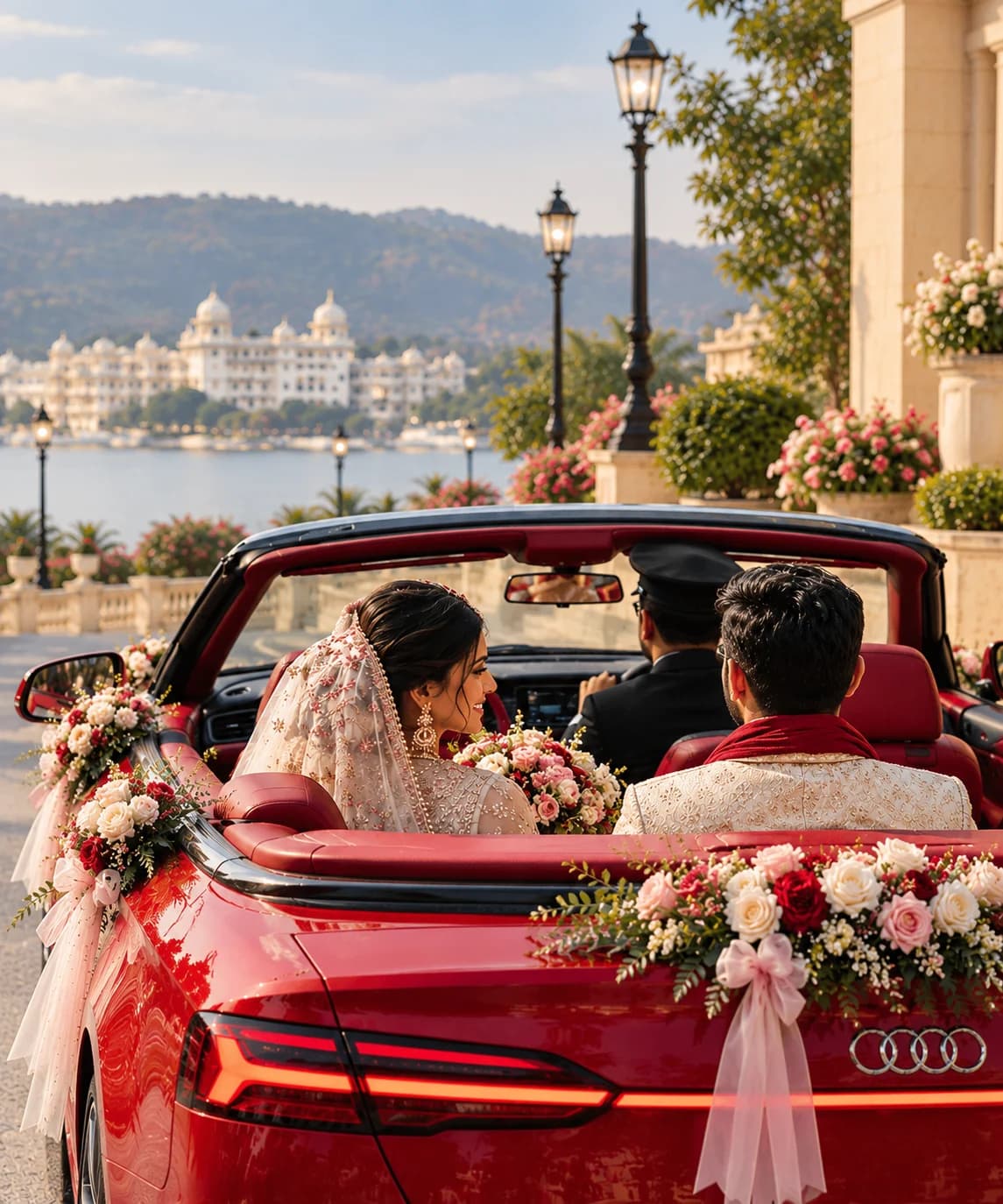 Bride and groom in a flower-decorated red Audi convertible