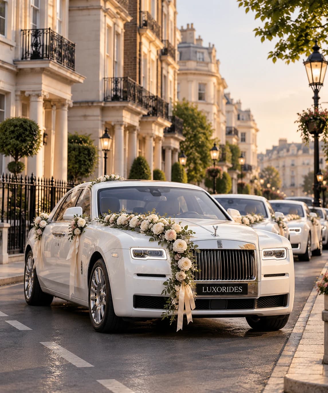 White Rolls-Royce decorated with flowers outside a grand venue