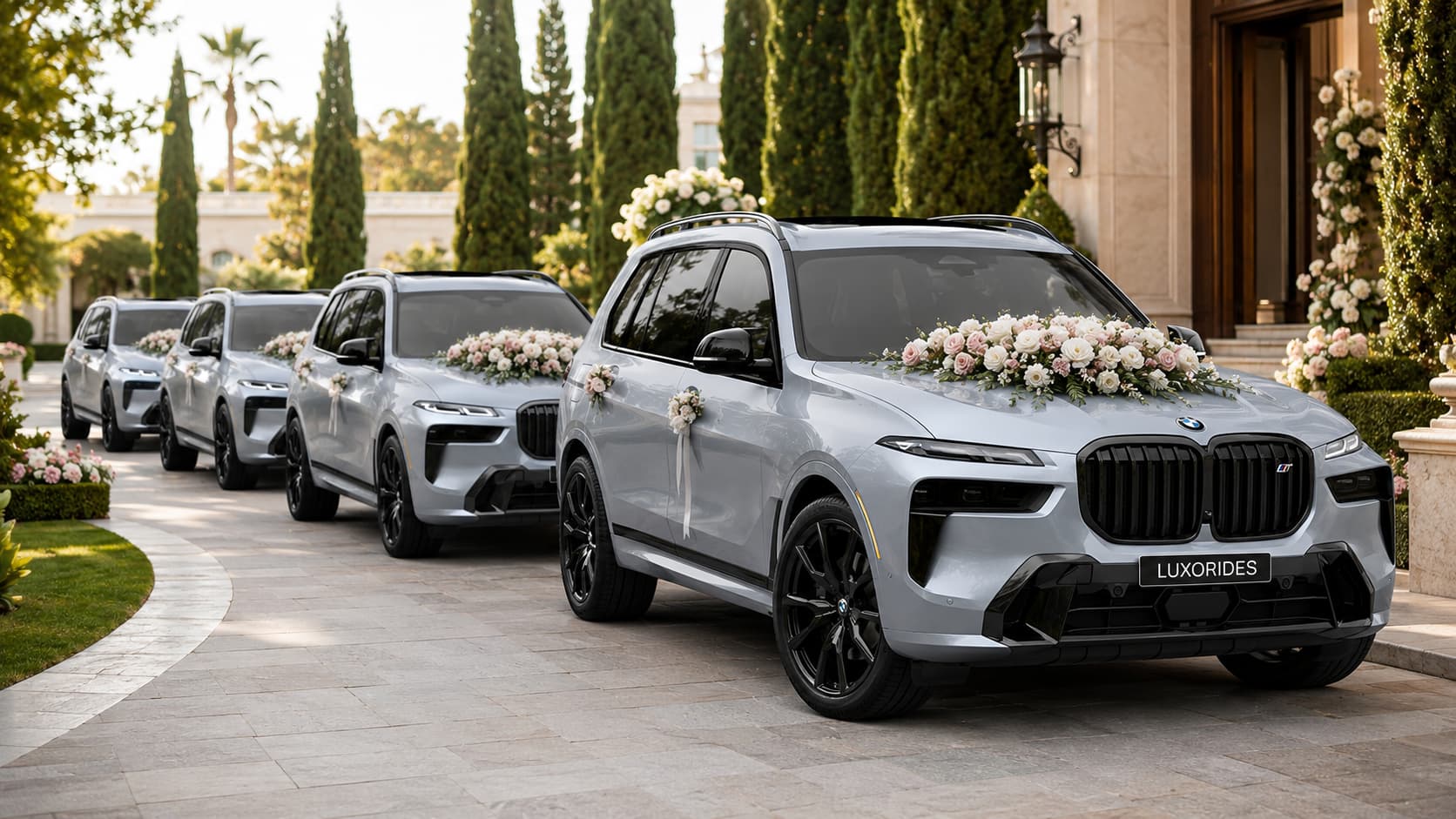 Flower-decorated BMW SUVs arranged as a wedding fleet