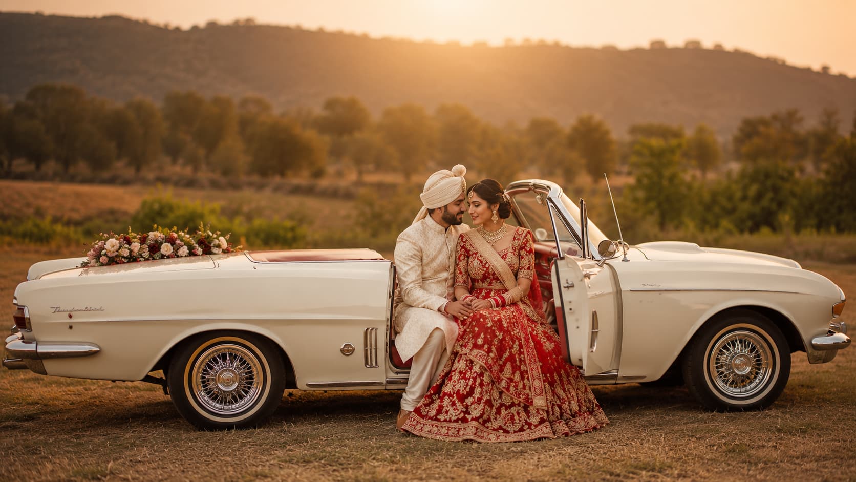 Indian bride and groom seated beside a white vintage convertible at sunset