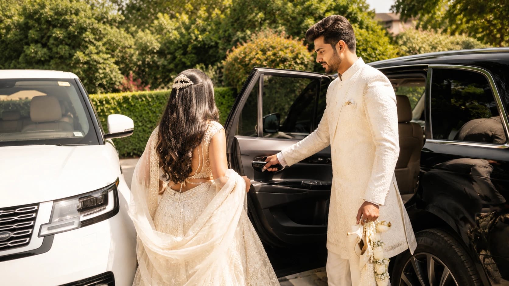 Wedding couple preparing to travel between two luxury cars