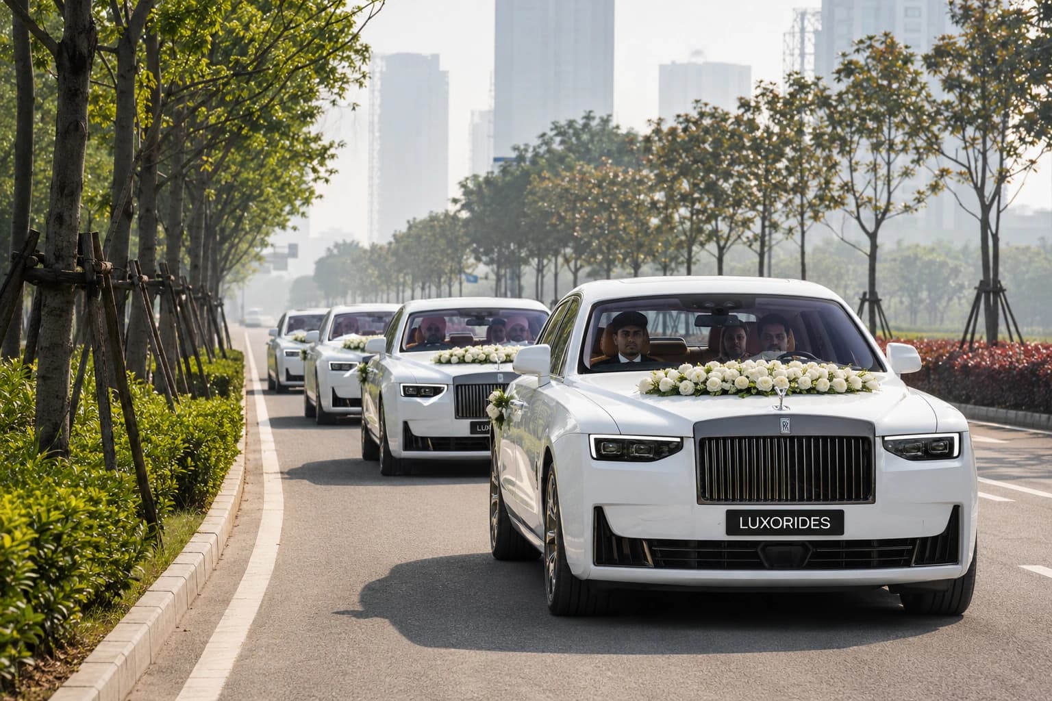 White luxury wedding cars travelling together in a coordinated convoy