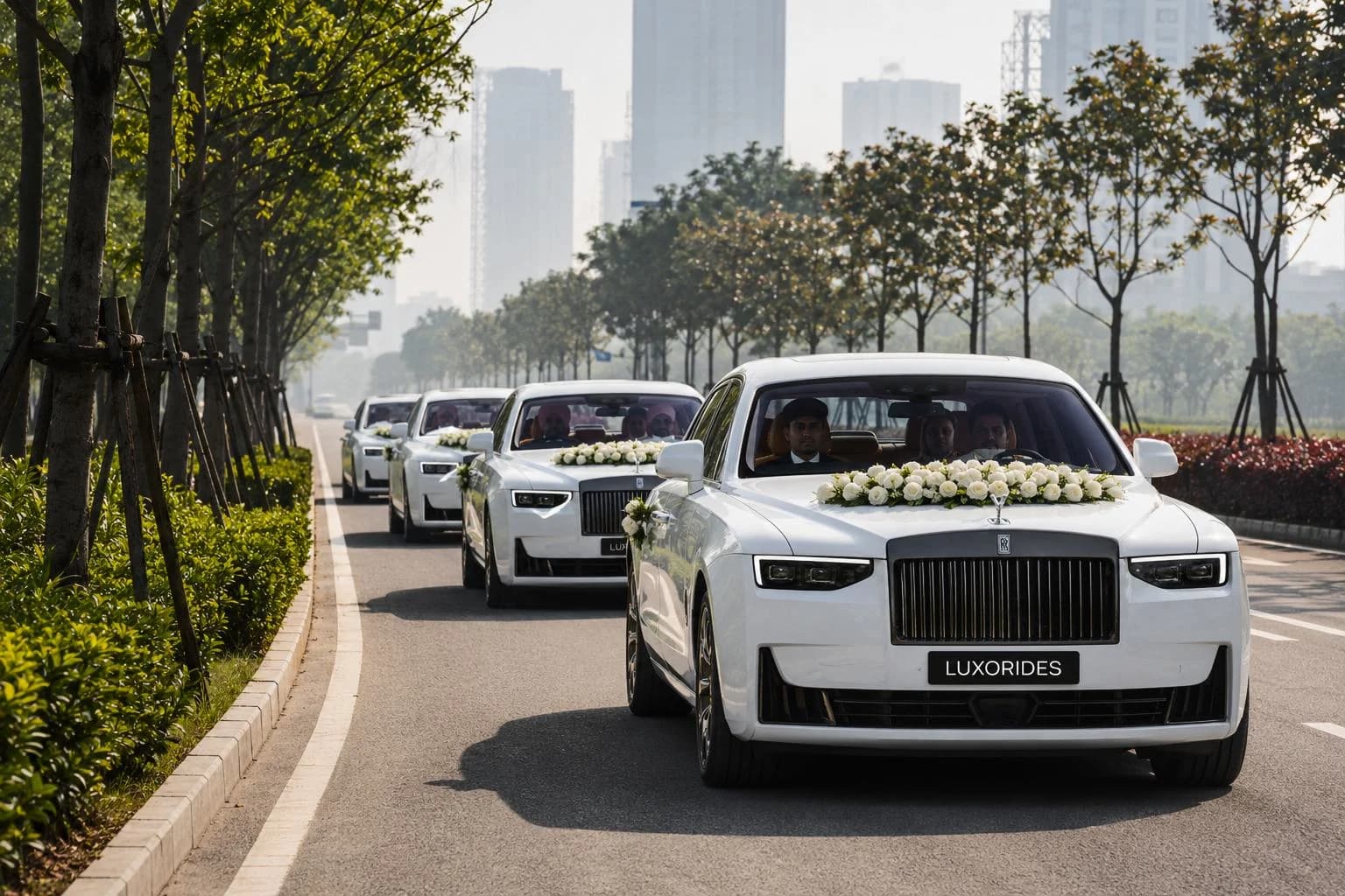 White Rolls-Royce leading a coordinated wedding car convoy