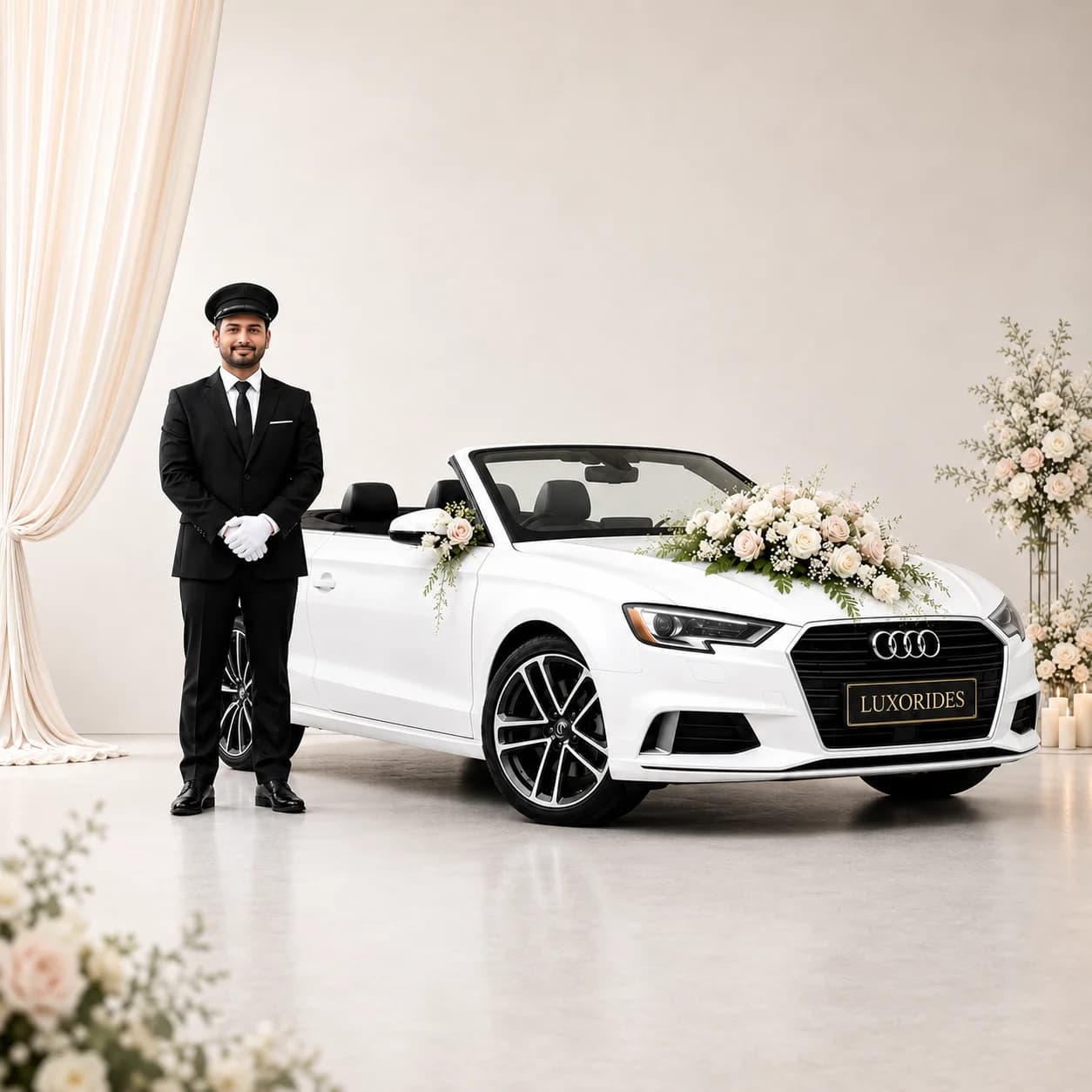 Audi A3 Cabriolet — White wedding car with chauffeur
