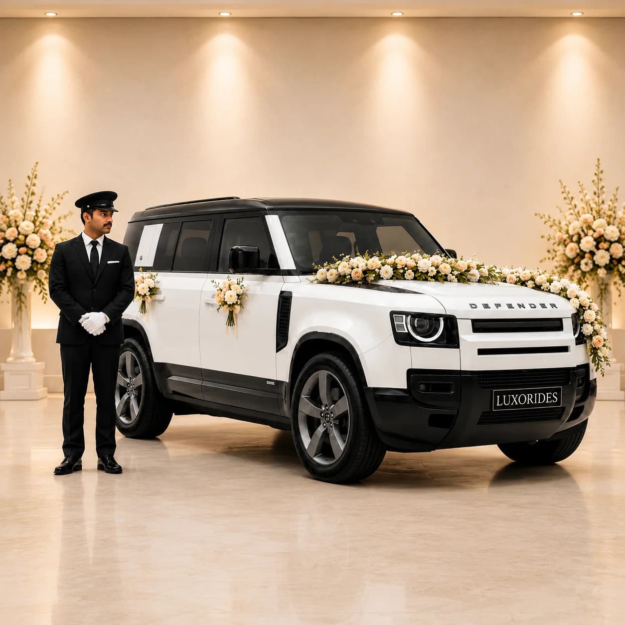 Land Rover Defender wedding car with chauffeur